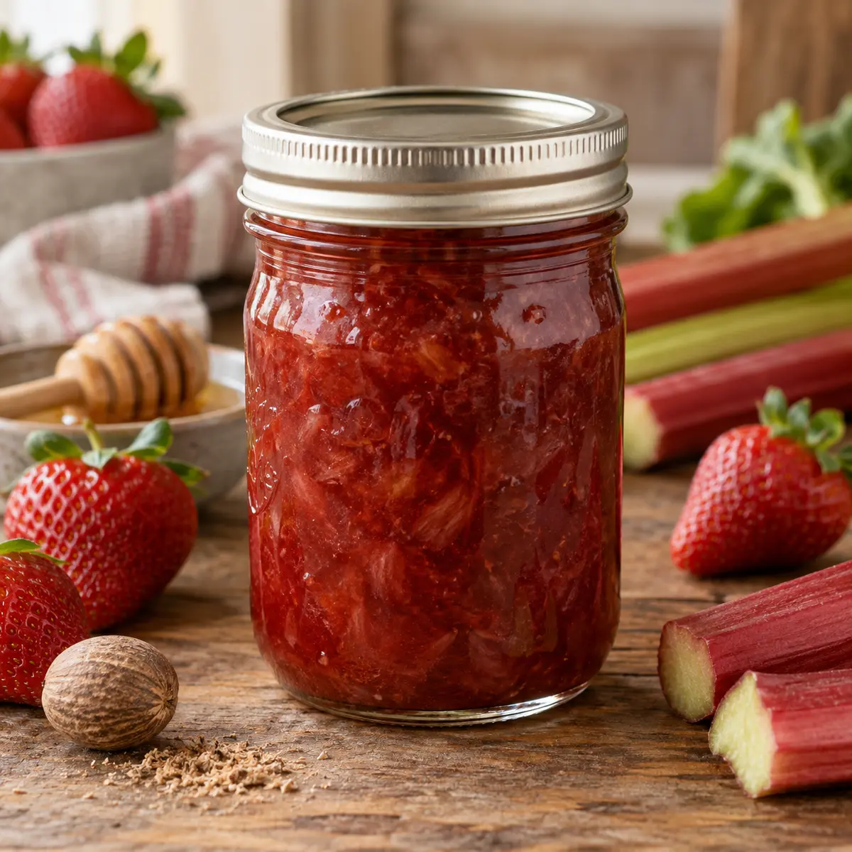 Jar of spiced strawberry rhubarb jam with honey and nutmeg