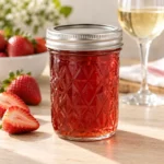 Jar of translucent strawberry wine jelly with strawberries and white wine