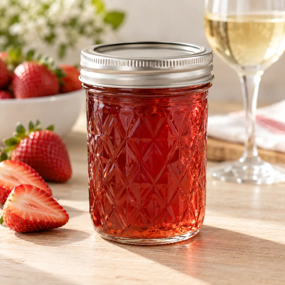 Jar of translucent strawberry wine jelly with strawberries and white wine
