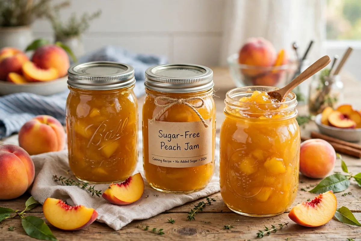 SUGAR FREE PEACH JAM in glass canning jars — home canning recipe