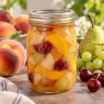 Jar of mixed summer fruit cocktail in light syrup