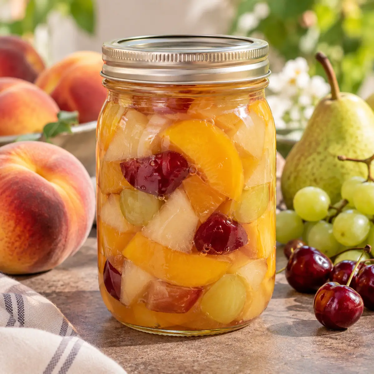 Jar of mixed summer fruit cocktail in light syrup