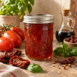 Jar of sun-dried tomato jelly with plum tomatoes, basil, chile, and balsamic vinegar