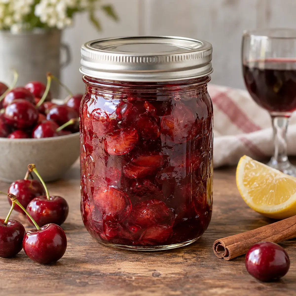 Jar of sweet cherry preserves with cherries, cinnamon, lemon, and red wine