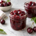 Sweet cherry topping with whole dark cherries in small glass canning jars