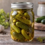 Jar of whole sweet fermented gherkins in amber brine