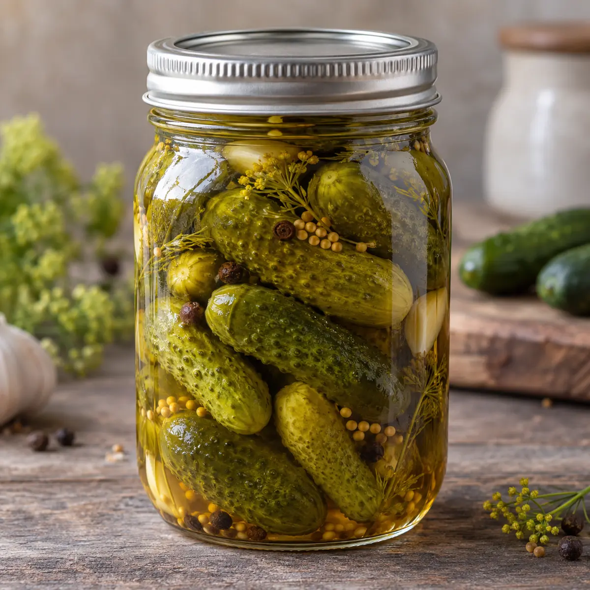 Jar of whole sweet fermented gherkins in amber brine