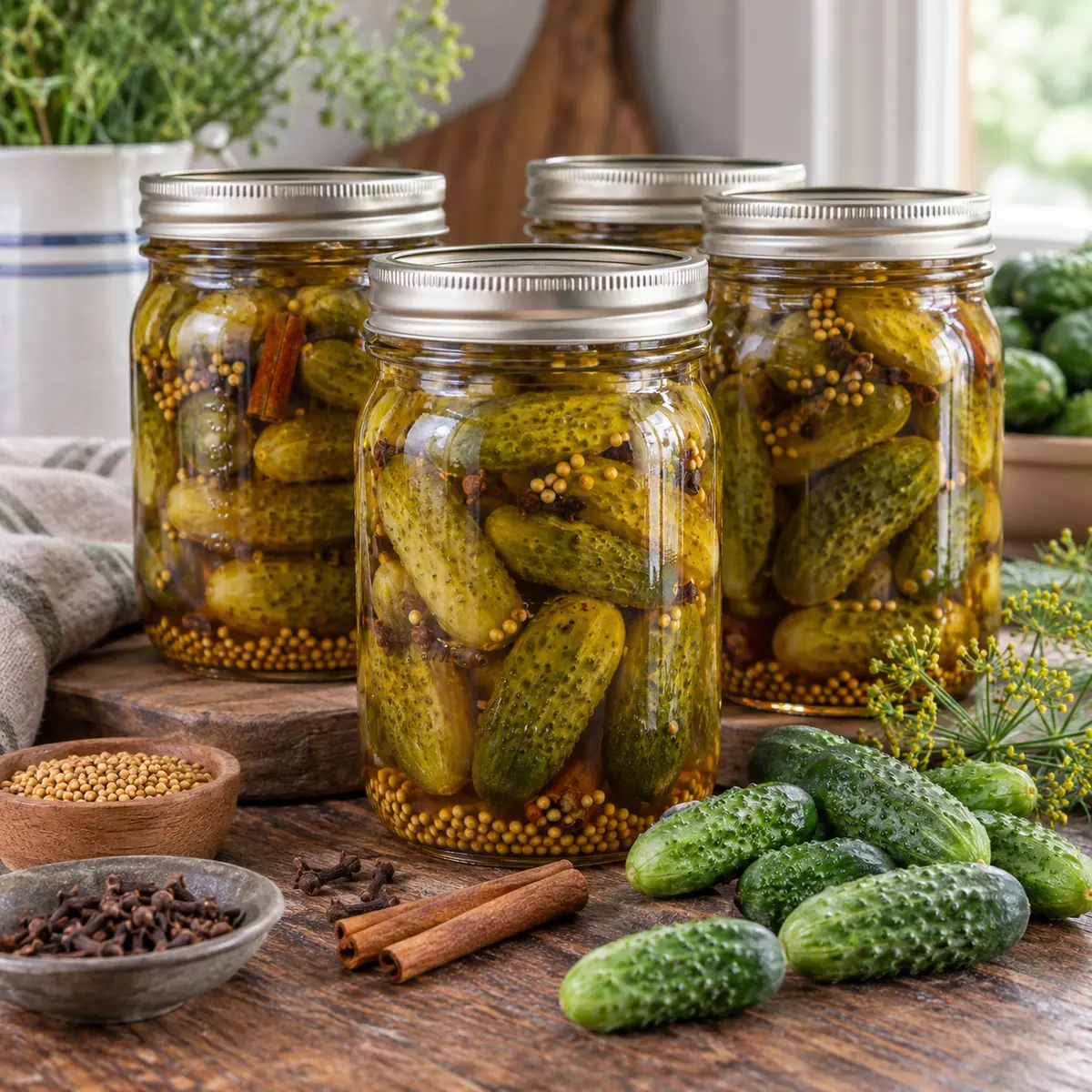 Small whole sweet gherkin pickles in sealed home-canning jars with pickling spices