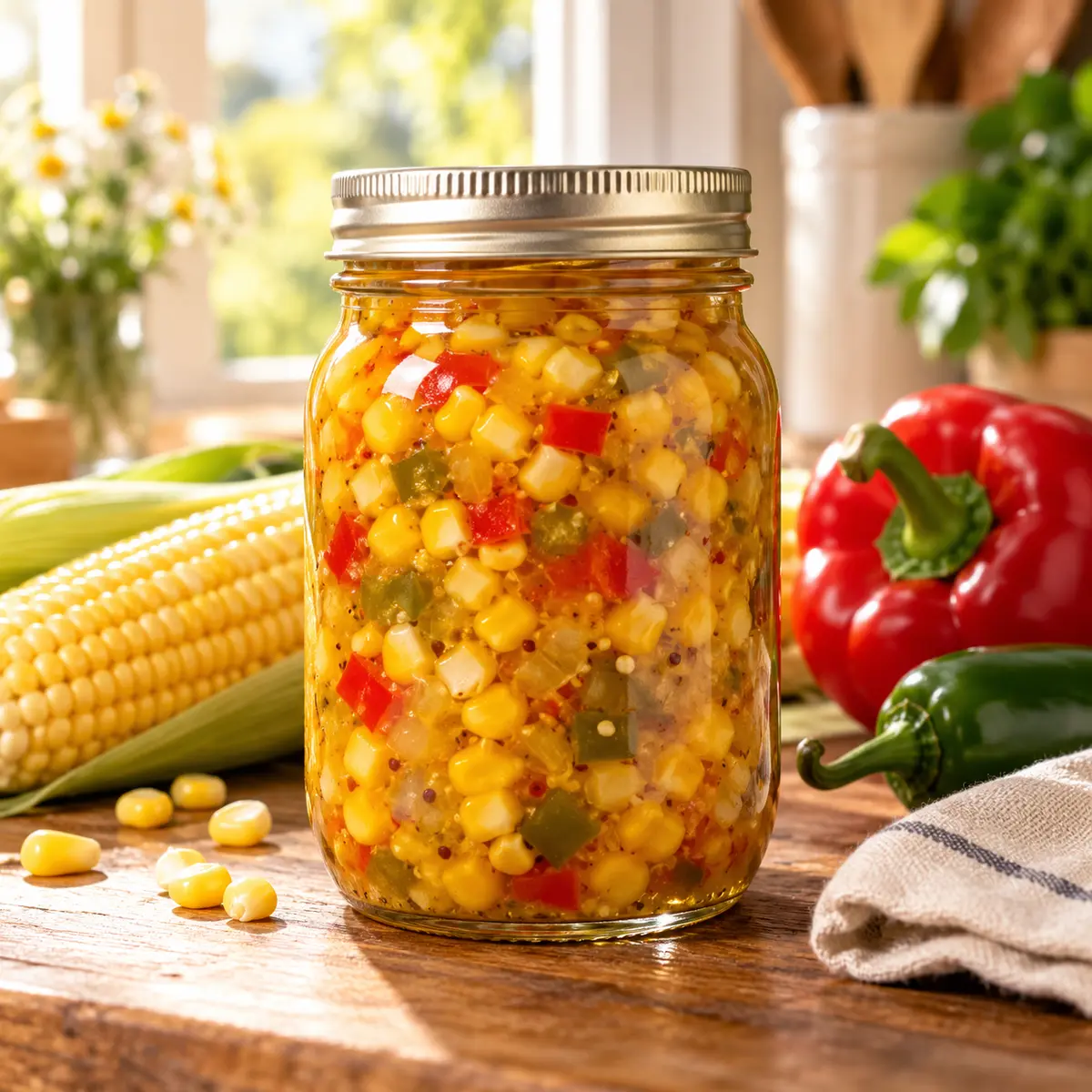 Home-canned sweet and hot corn relish in a sealed glass jar with corn kernels and red and green peppers.