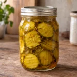 Jar of crinkle-cut sweet pickles in amber syrup