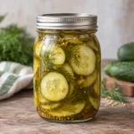 Jar of sweet sliced dill pickles with mustard seeds