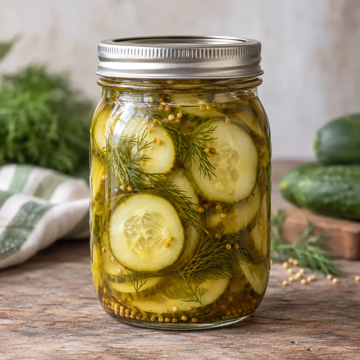 Jar of sweet sliced dill pickles with mustard seeds