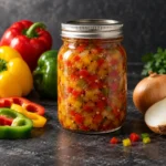 Home-canned sweet and sour pepper relish in a sealed glass jar with red, yellow and green peppers and onion.