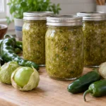 Three jars of green tomatillo salsa with fresh tomatillos, green chiles, onion and garlic.