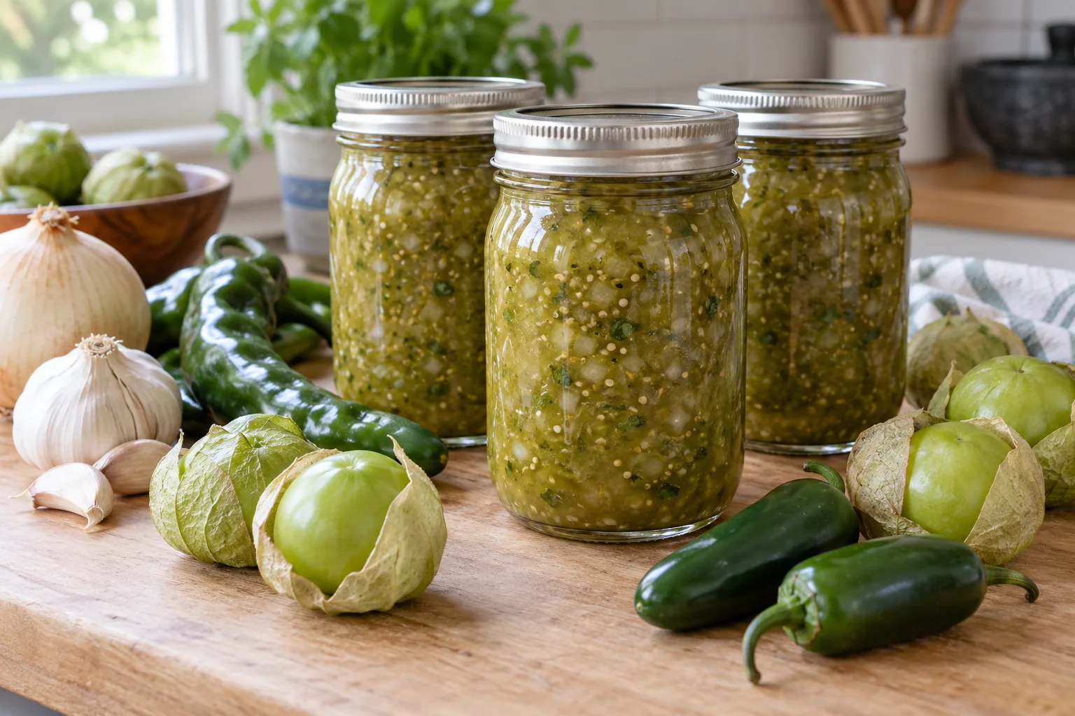 Three jars of green tomatillo salsa with fresh tomatillos, green chiles, onion and garlic.
