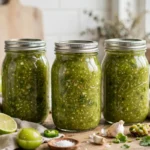 Tomatillo Green Salsa in glass canning jars — home canning recipe