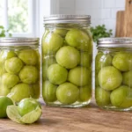 Sealed jars of whole green tomatillos packed in clear water.