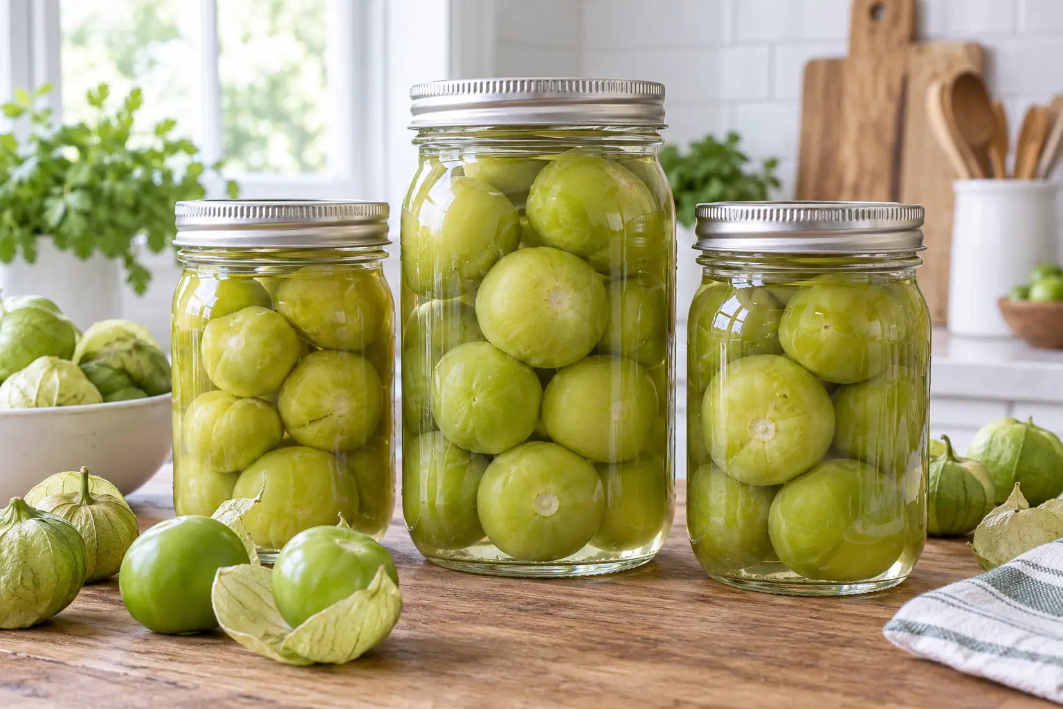 Sealed jars of whole green tomatillos packed in clear water.