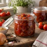 Rich tomato chutney with onion and spices in glass preserving jars