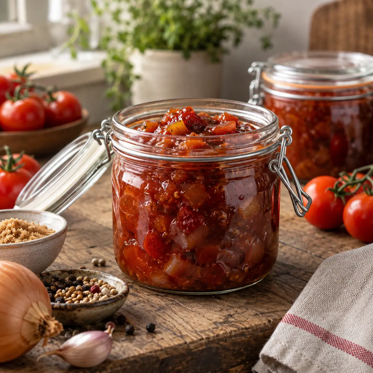 Rich tomato chutney with onion and spices in glass preserving jars
