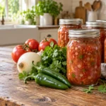 Home-canned tomato and green chile salsa with fresh tomatoes, chiles, onion, and cilantro