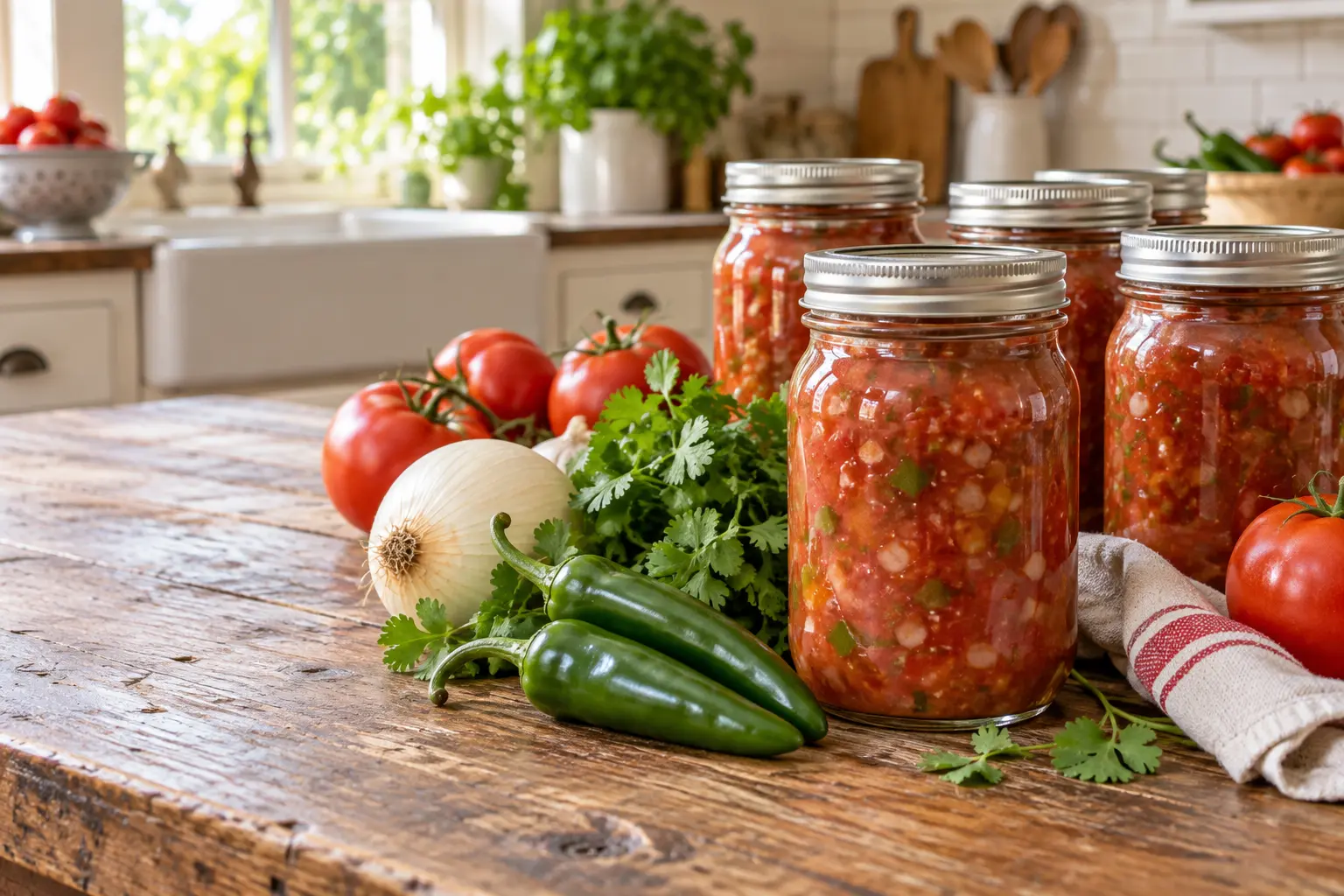 Home-canned tomato and green chile salsa with fresh tomatoes, chiles, onion, and cilantro