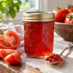 Jar of clear ruby-red tomato jelly with fresh tomatoes