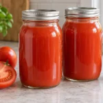 Two sealed quart jars of home-canned tomato juice