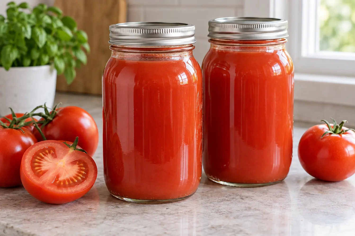 Two sealed quart jars of home-canned tomato juice