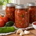Three jars of thick red tomato salsa with slicing tomatoes, onion, green peppers, garlic and tomato paste.