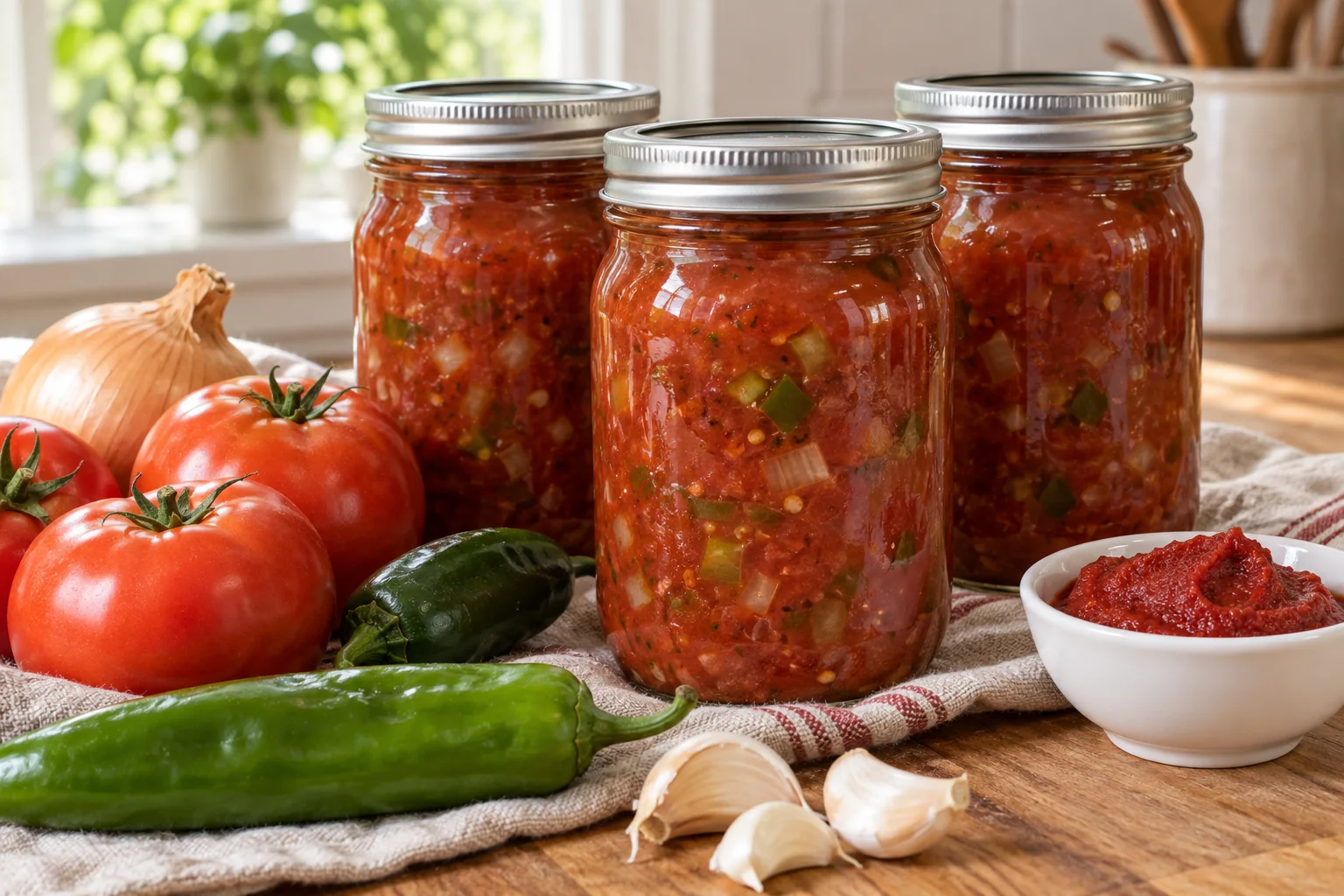 Three jars of thick red tomato salsa with slicing tomatoes, onion, green peppers, garlic and tomato paste.