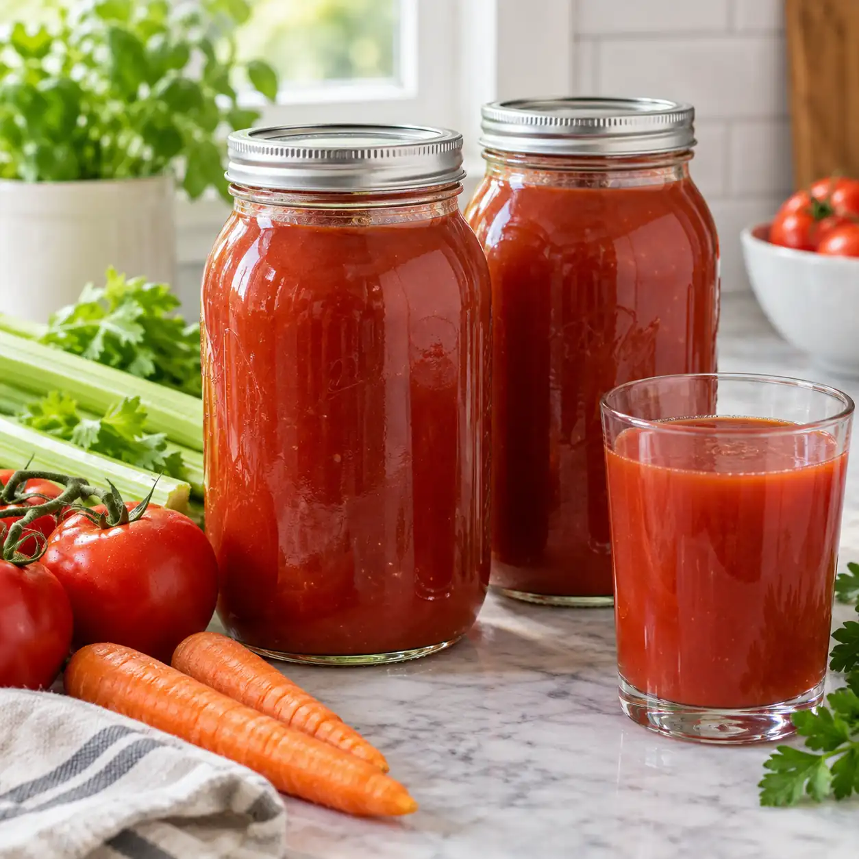 Two sealed quart jars of home-canned tomato and vegetable juice