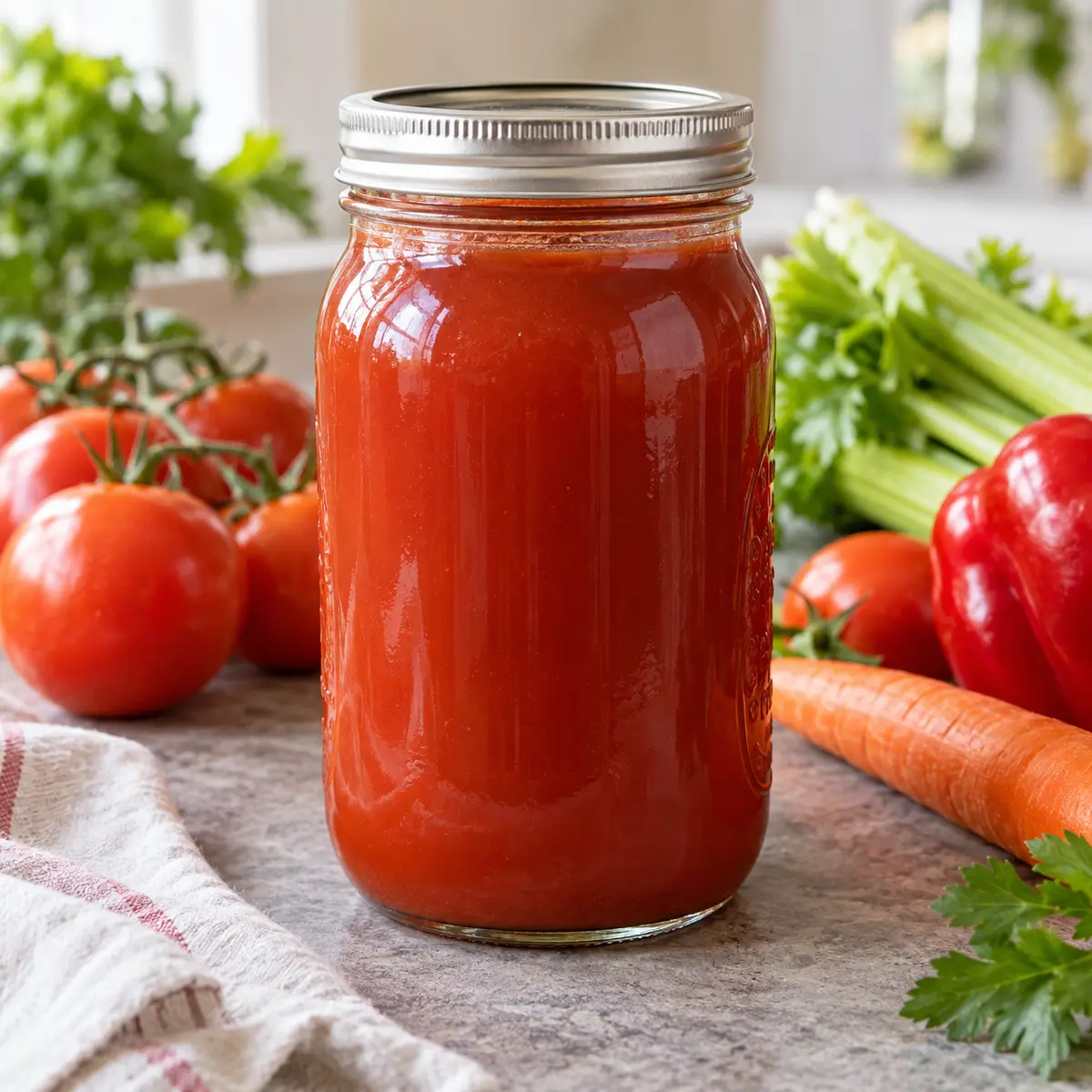Jar of tomato vegetable juice with tomatoes, carrot, and celery