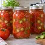 Sealed jars of pressure-canned tomatoes and sliced okra with fresh produce.