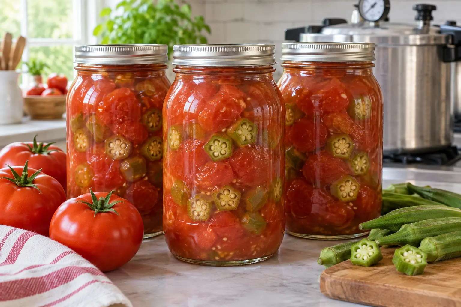 Sealed jars of pressure-canned tomatoes and sliced okra with fresh produce.