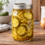 Jar of bread and butter pickle slices with onion