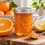 Jar of orange marmalade with citrus peel shreds