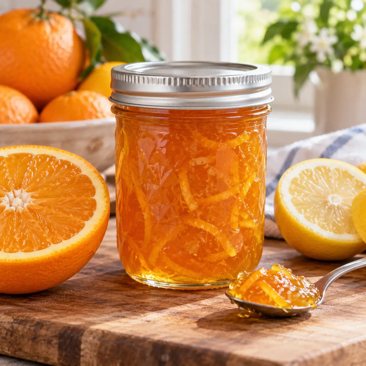 Jar of orange marmalade with citrus peel shreds