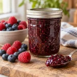 Jar of raspberry and blueberry jam with fresh berries