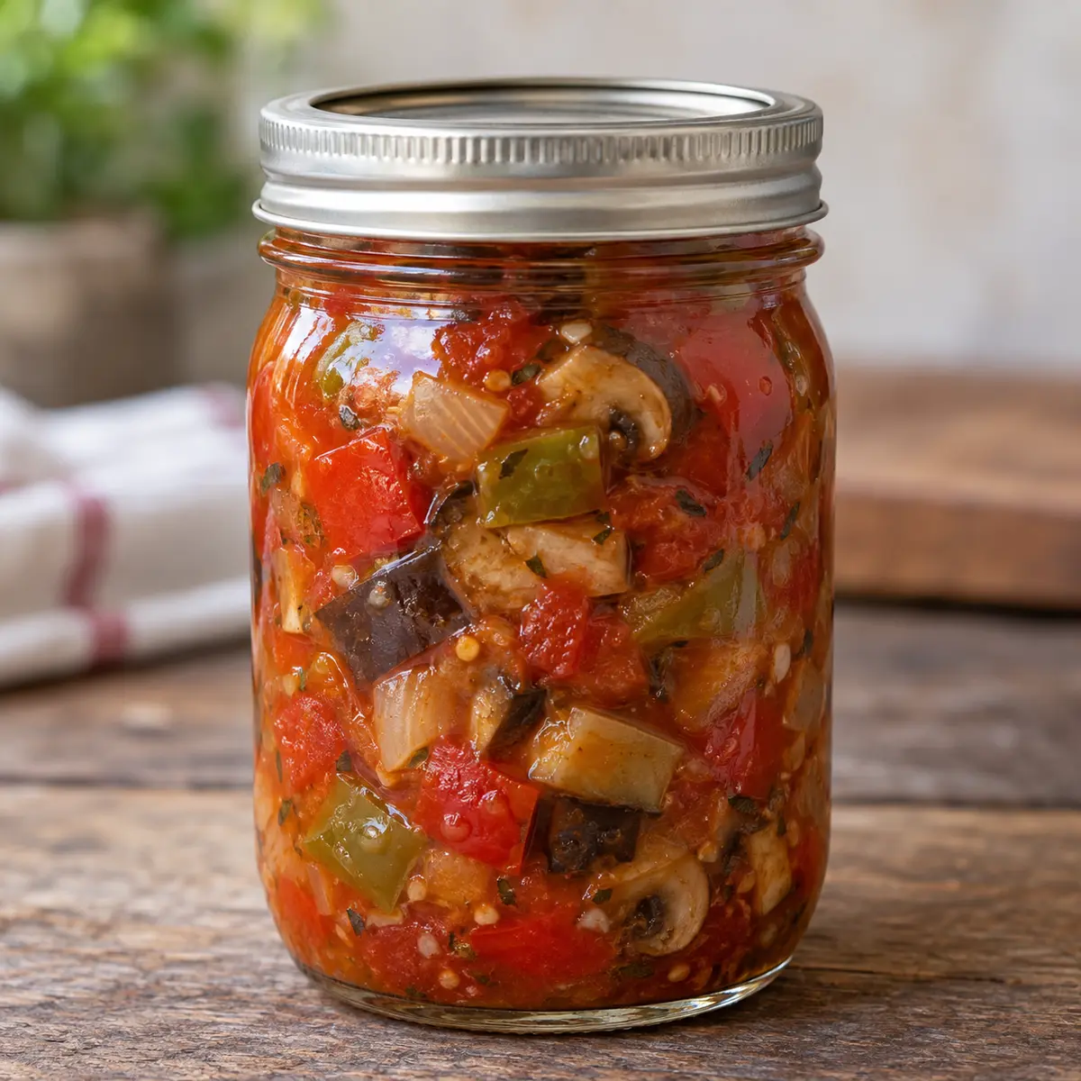 Jar of vegetable antipasto in rich tomato sauce