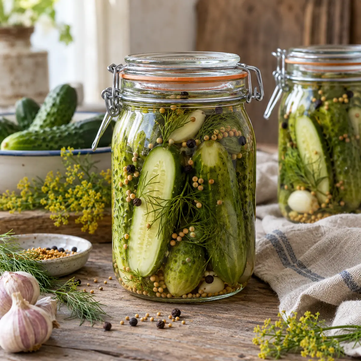 Cucumber vinegar pickles with dill and spices in glass preserving jars