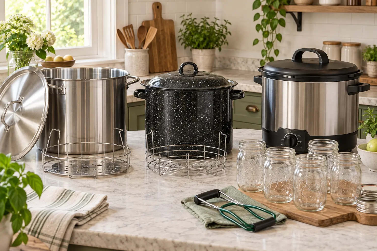 Stainless-steel stockpot, enamel water-bath canner, electric canner, jar racks, and glass canning jars in a bright kitchen