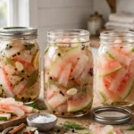Watermelon Rind Pickles in glass canning jars — home canning recipe