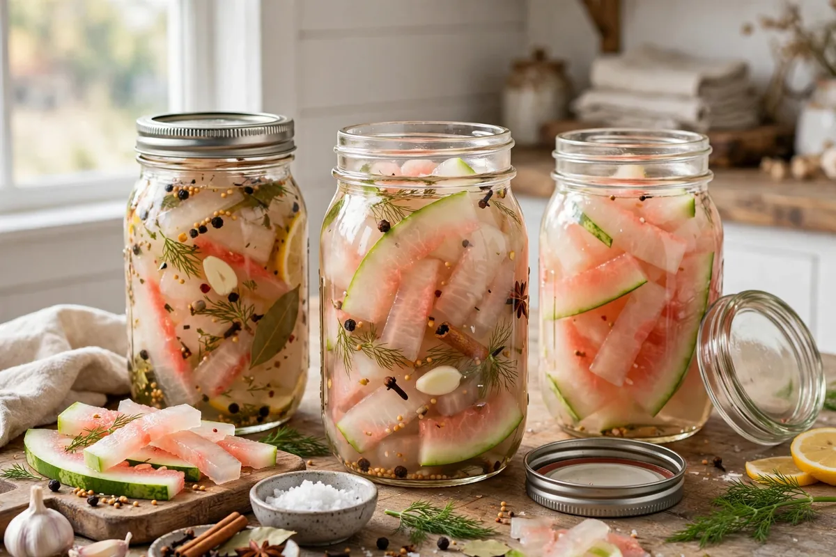 Watermelon Rind Pickles — Mrs. Wages 1 Watermelon Rind Pickles in glass canning jars — home canning recipe