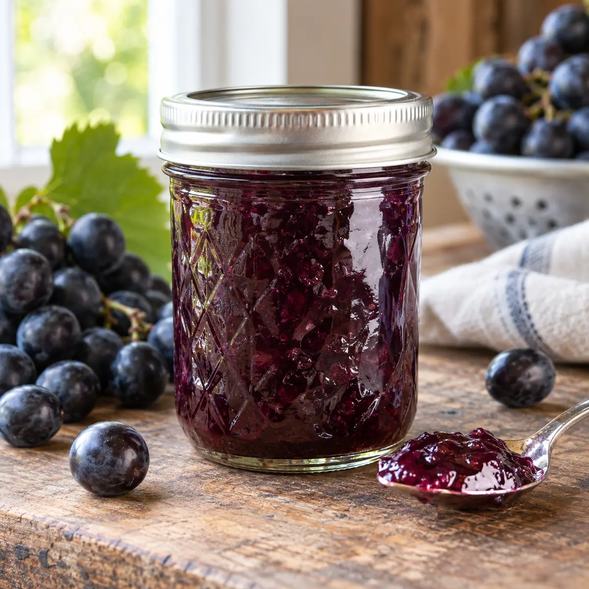Jar of whole grape jam with ripe purple grapes