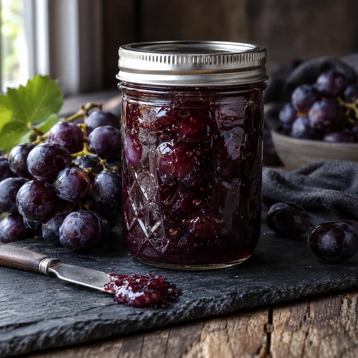 Jar of chunky whole grape preserves with purple grapes