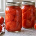 Two sealed jars of whole tomatoes packed in tomato juice
