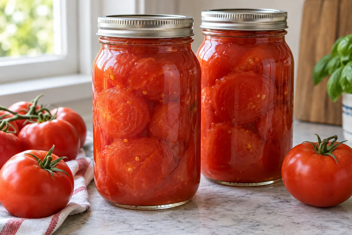 Two sealed jars of whole tomatoes packed in tomato juice