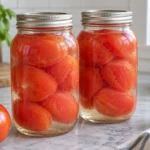 Two sealed jars of whole tomatoes packed in water