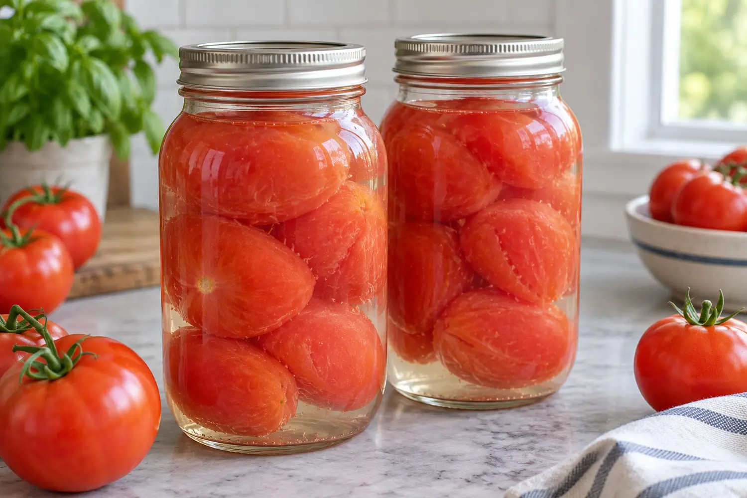 Two sealed jars of whole tomatoes packed in water